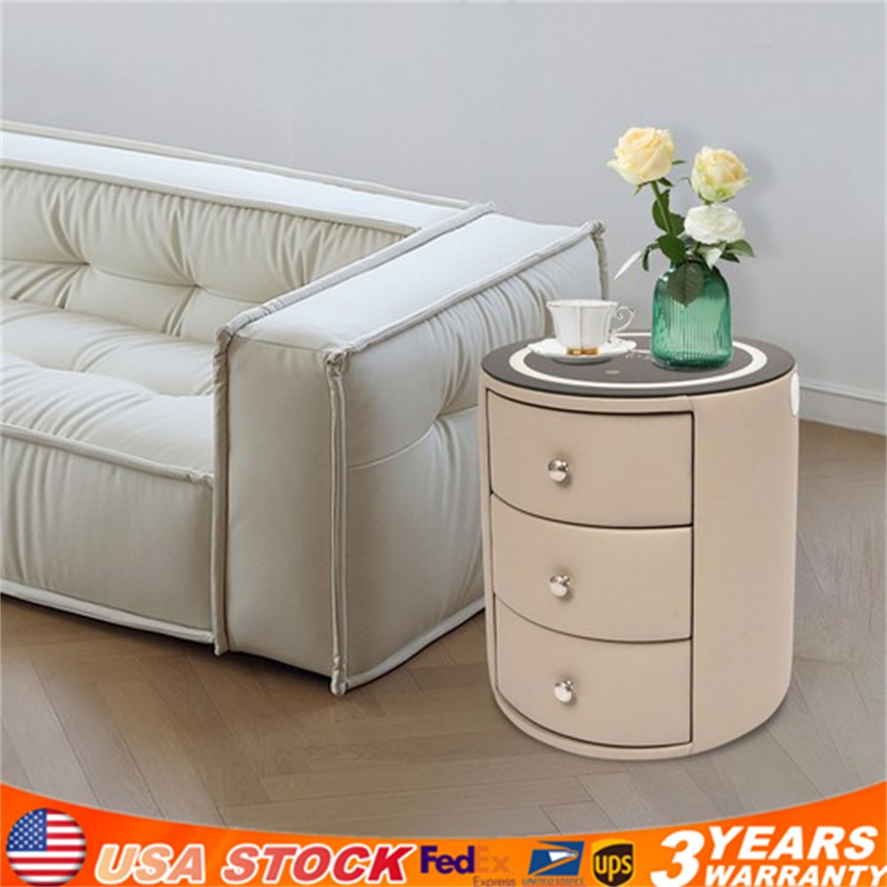 Nightstand with Wireless Charging , LED Nightstand with Leather Surface Round