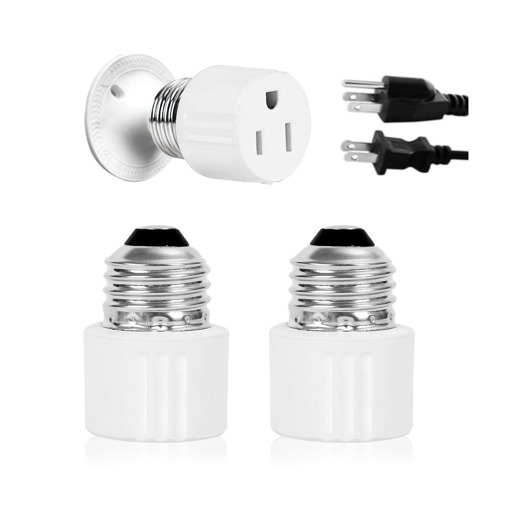 3-Prong Light Socket to Plug Adapter,E26/E27 Light Socket Outlet,2/3 Prong Ou...