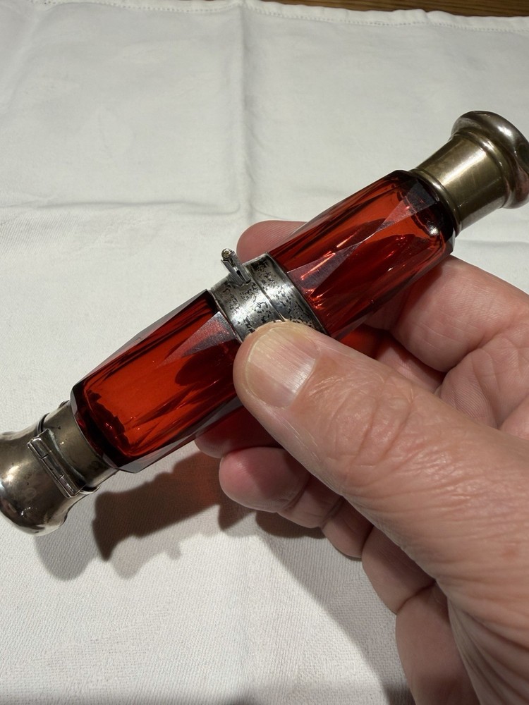 Victorian Ruby Red Glass Folding Double Scent Bottle Silver Mount