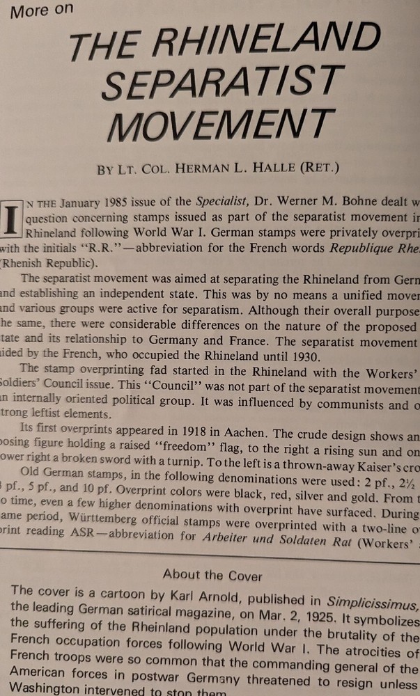 German Postal Specialist May 1985 Rhineland Separatists Smear Or Double Print