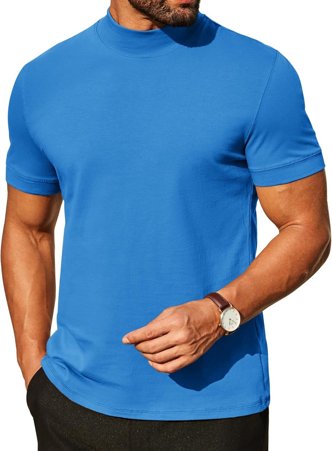Mens Premium Cotton Short Sleeve Mock Turtleneck Half Neck Basic Tee Casual Fit