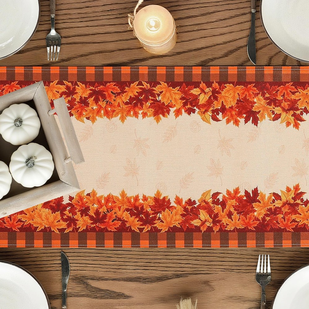 Fall Maple Leaf Table Runner, 13x72, Thanksgiving Harvest, Polyester Fabric