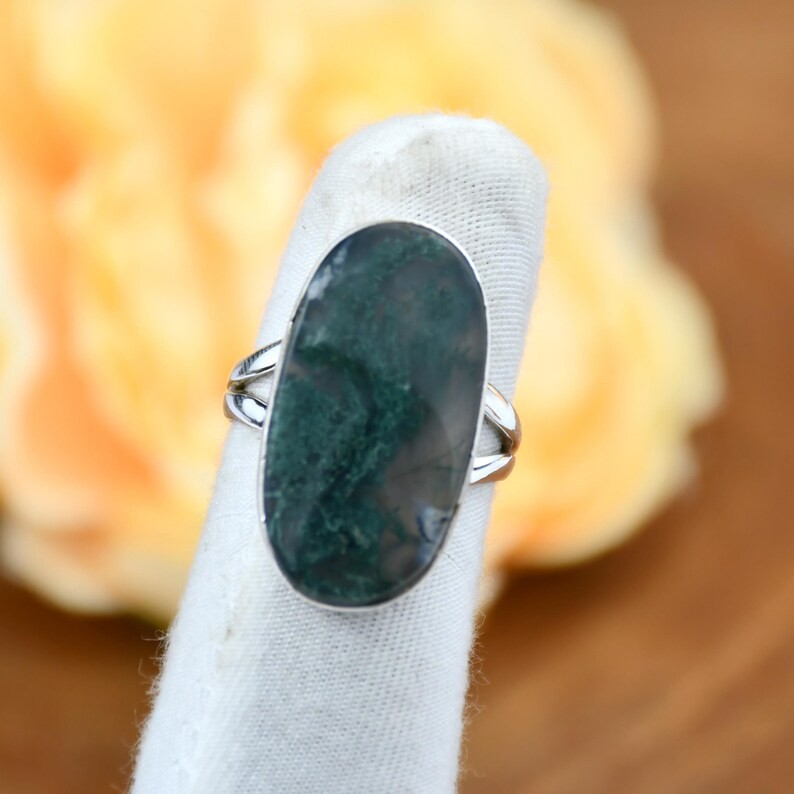 Solid 925 Sterling Silver Natural Moss Agate Large Oval Gemstone Handmade Ring