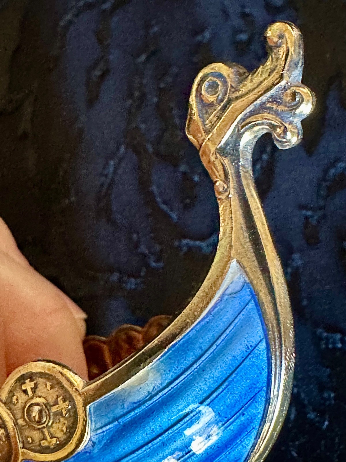 Theodore Olsen Norway Gilt Sterling Silver Blue Guilloche Viking Ship Salt