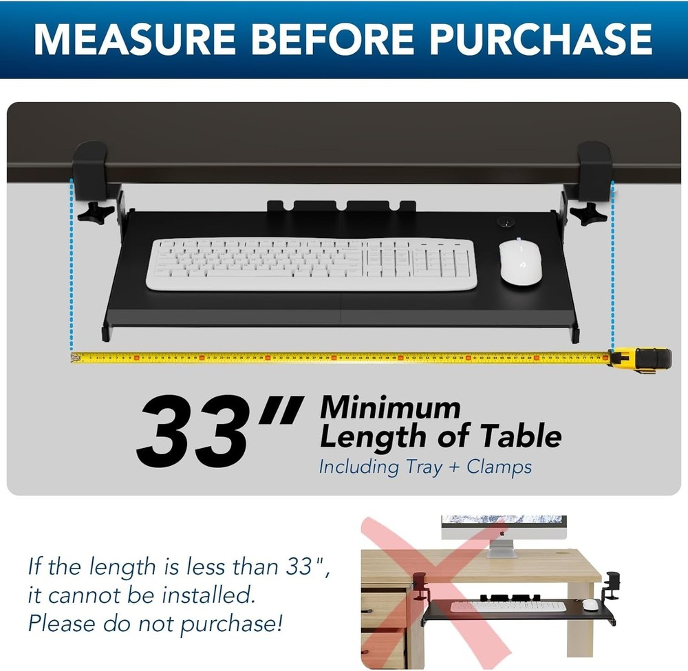 Keyboard Tray Under Desk Pull Out with Extra Sturdy Adjustable C Clamp Mount ...