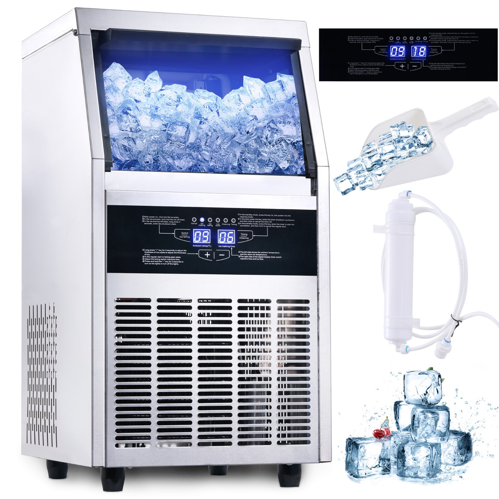 Commercial Ice Maker 150lbs Stainless Steel Built-in Cube Machine Bar Restaurant