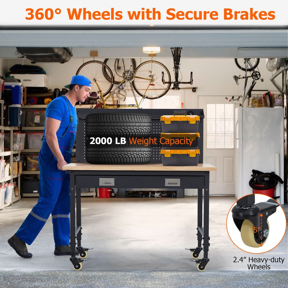 Heavy Duty Worktable With Drawer, Pageboard, Maximum Load Capacity 2000lbs Black