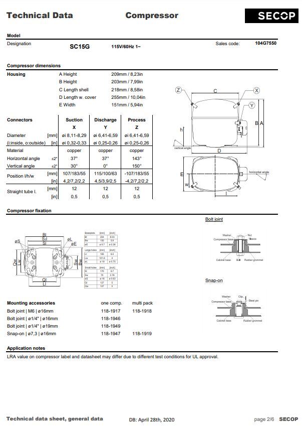 SC15G R134a Refrigeration Compressor 1/2 HP 5606 BTU HBP 115V for True 842509