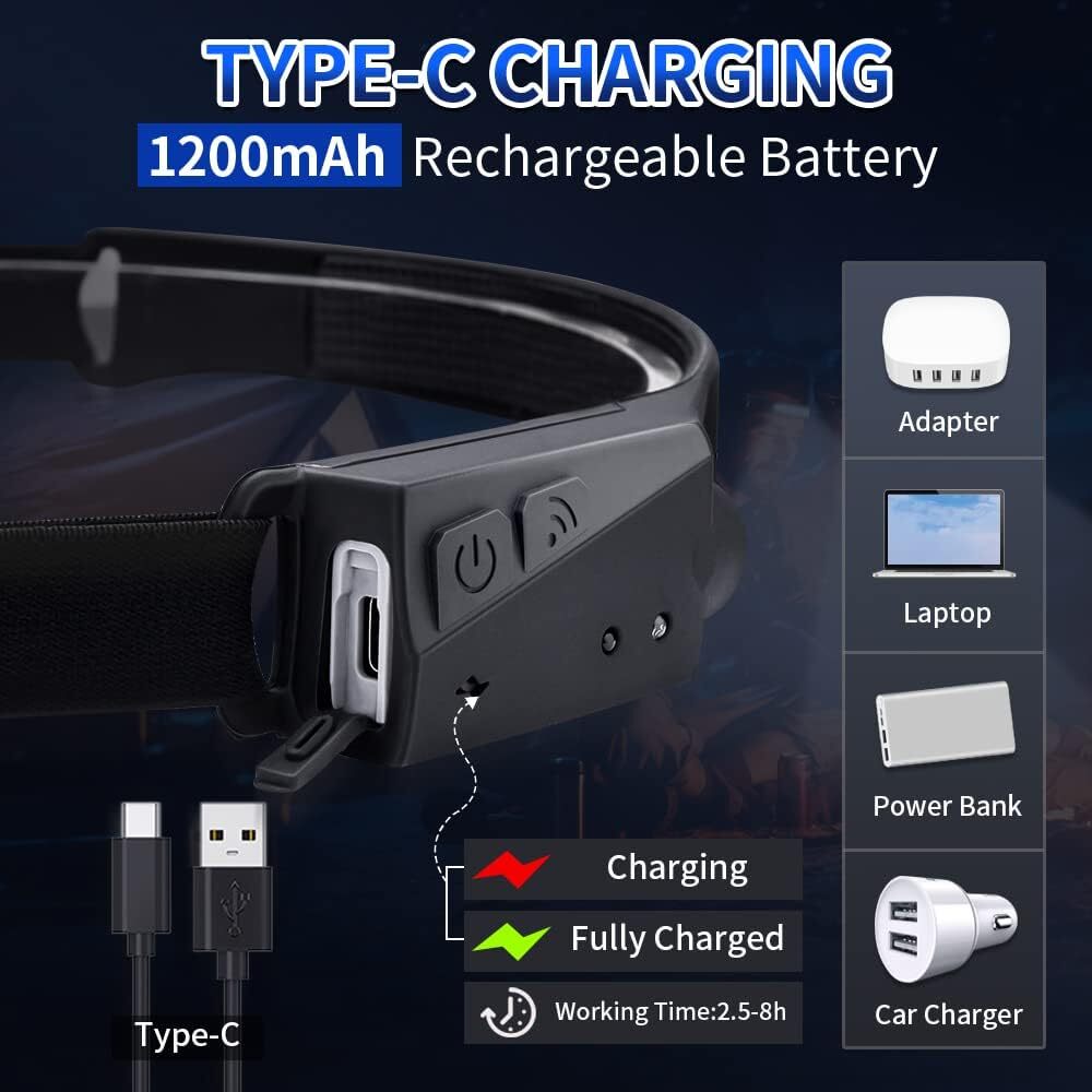 COB LED Headlamp USB Headlight Torch Work Light Bar Head Band Lamp for Hiking US