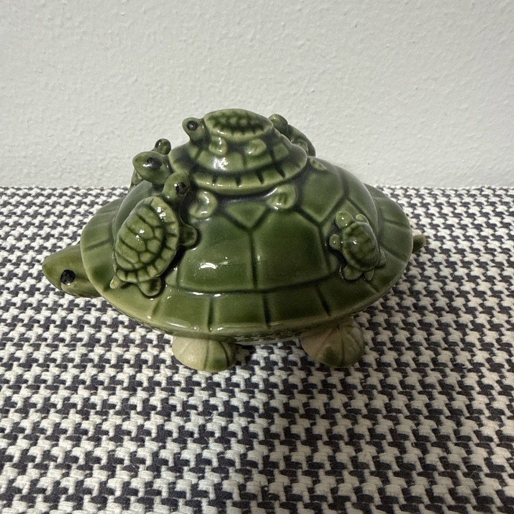 Vintage Ceramic Green Glazed Bobble Head Turtle 3” Long