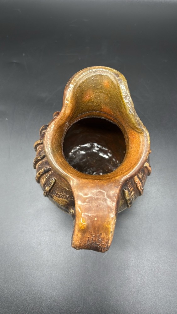Rustic Primitive Glazed Pottery Small Jug Pitcher Raised Ridges 6”