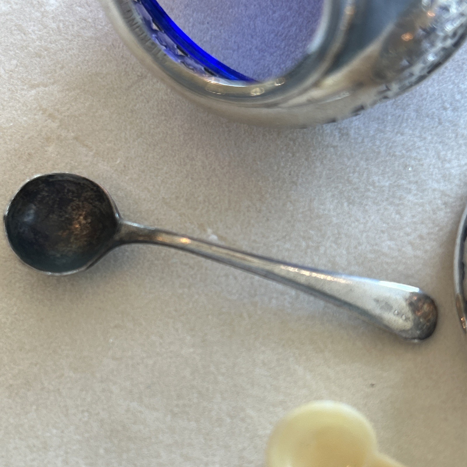 Lot of 2 Antique Webster Salt Cellars 2 Spoons Sterling Silver Blue Cobalt Glass