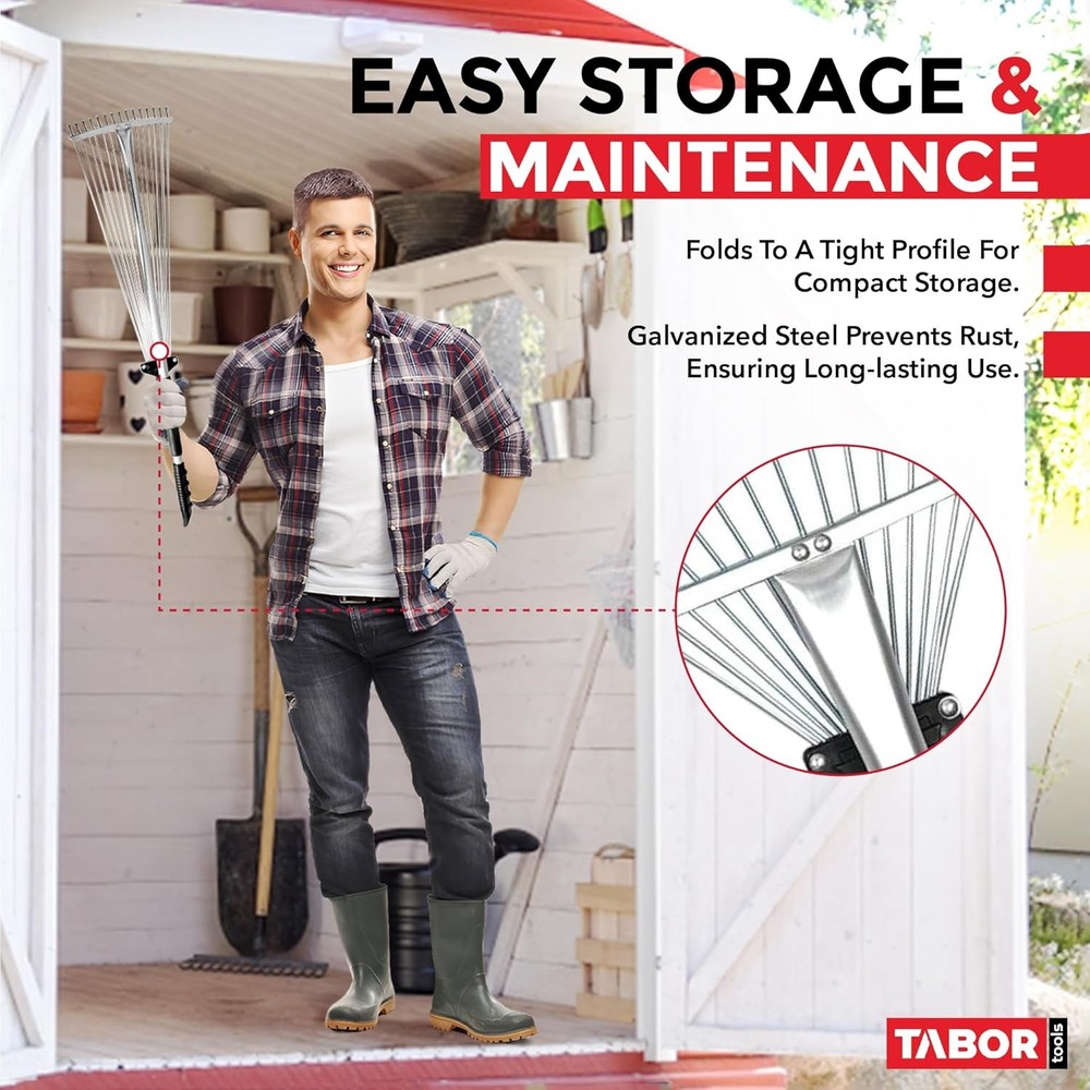 Adjustable Metal Rake - Collapsible & Telescopic - Red, Black