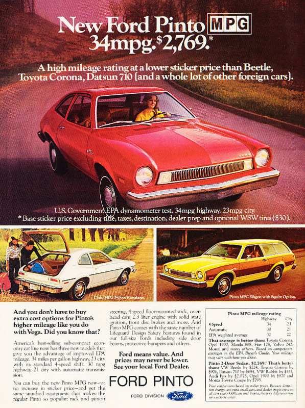 1975 Ford Pinto 34mpg Classic Advertisement Ad