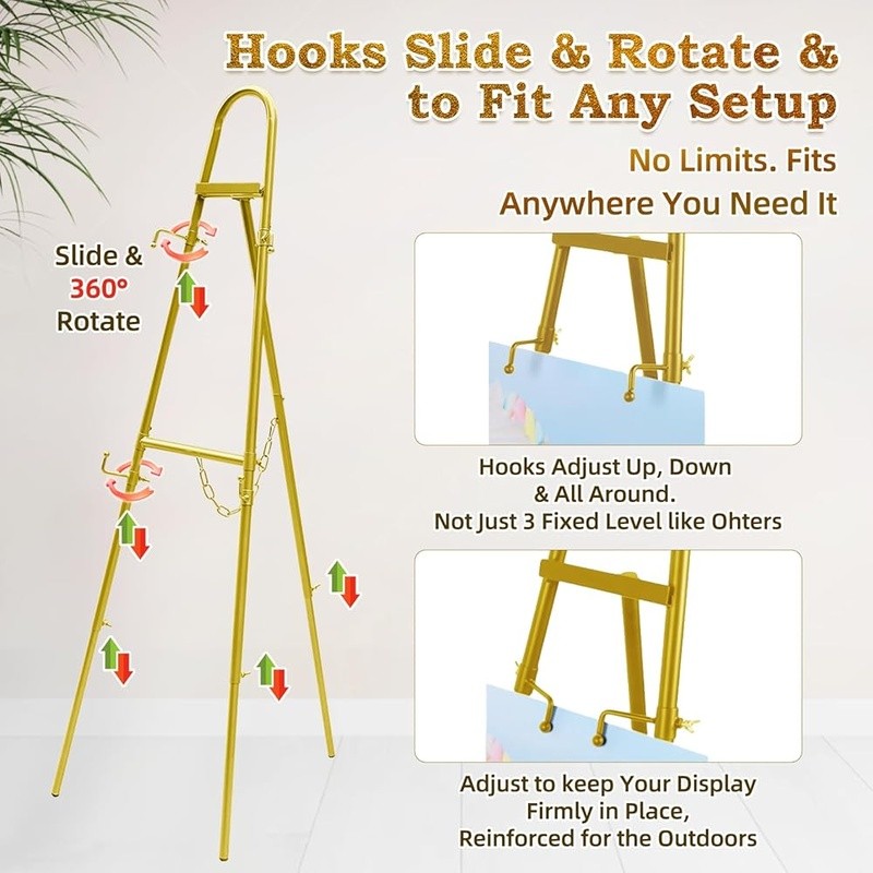 Height Adjustable Gold Easel Stand for Signs, Lockable 4 Hooks, 3 Display Modes