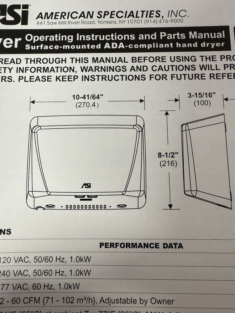 ASI Automatic Hand Dryer White 0199-3 Wall Mountable New Open Box Quick Dry