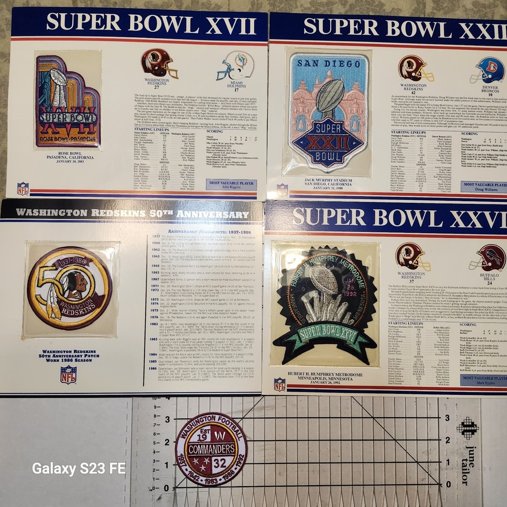 WASHINGTON REDSKINS COMMANDERS VINTAGE PATCHES (5)  / 50th ANNIV & SUPER BOWLS