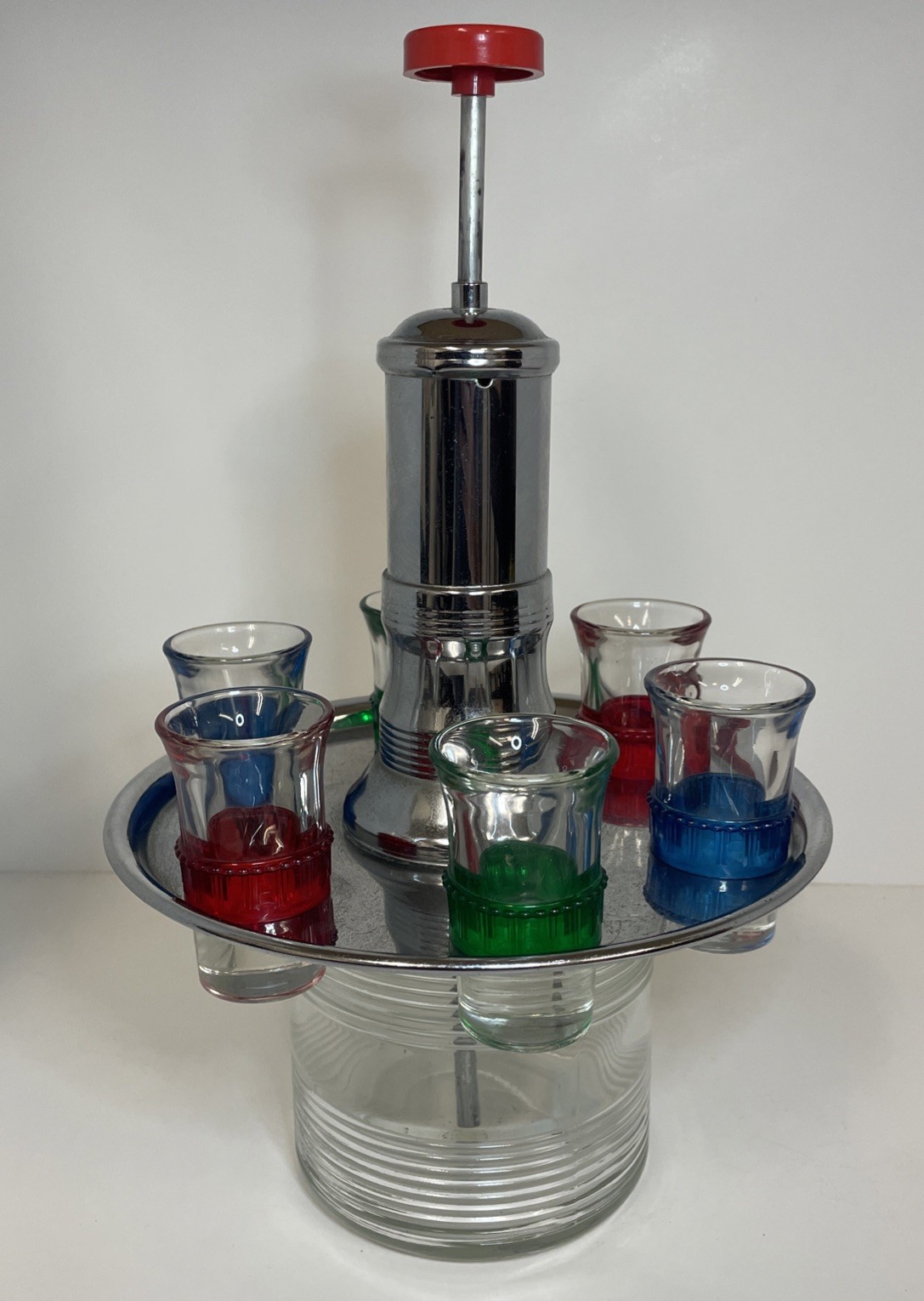 Vintage Park Sherman MCM Liquor Dispenser w/6 Shot Glasses Rotating Chrome Tray