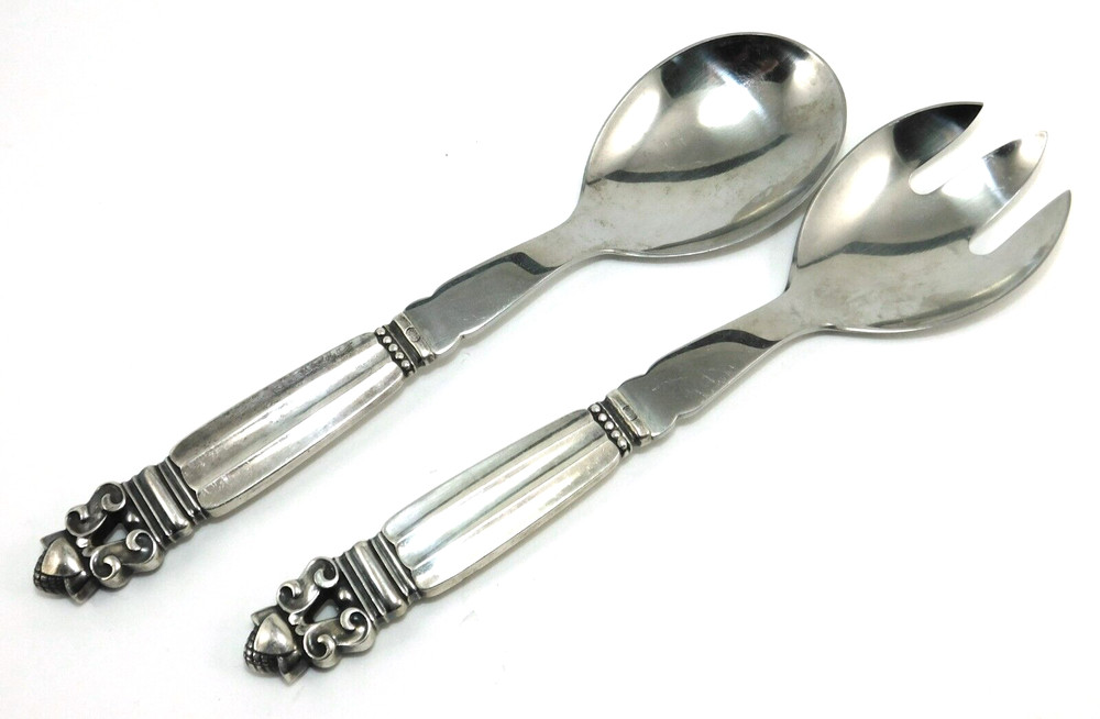 Georg Jensen 925 Sterling Silver Acorn Pattern Spoon & Fork Serving Set