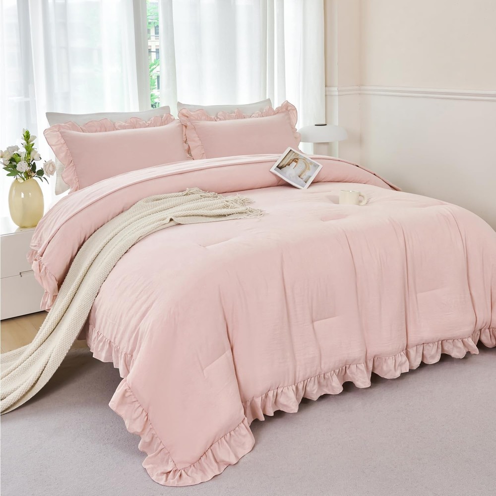 ANGIYUIN 5 Pieces Blush Pink Ruffled Comforter Sets Full(5Pcs),