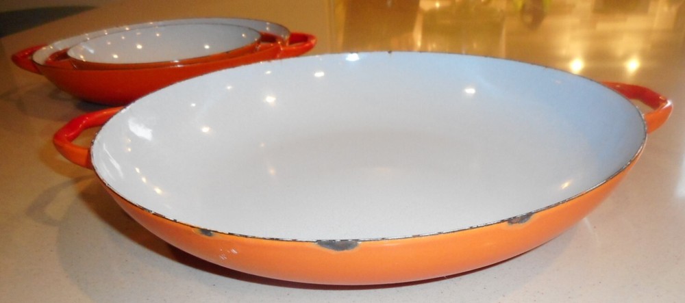 Sauté Pans Orange & White Enamel Set 3 Nesting