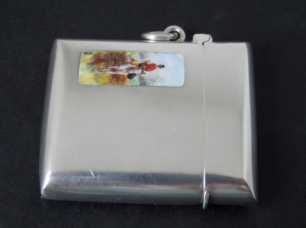 Antique Art Deco Solid Silver Enamel Vesta Case Huntsman Design