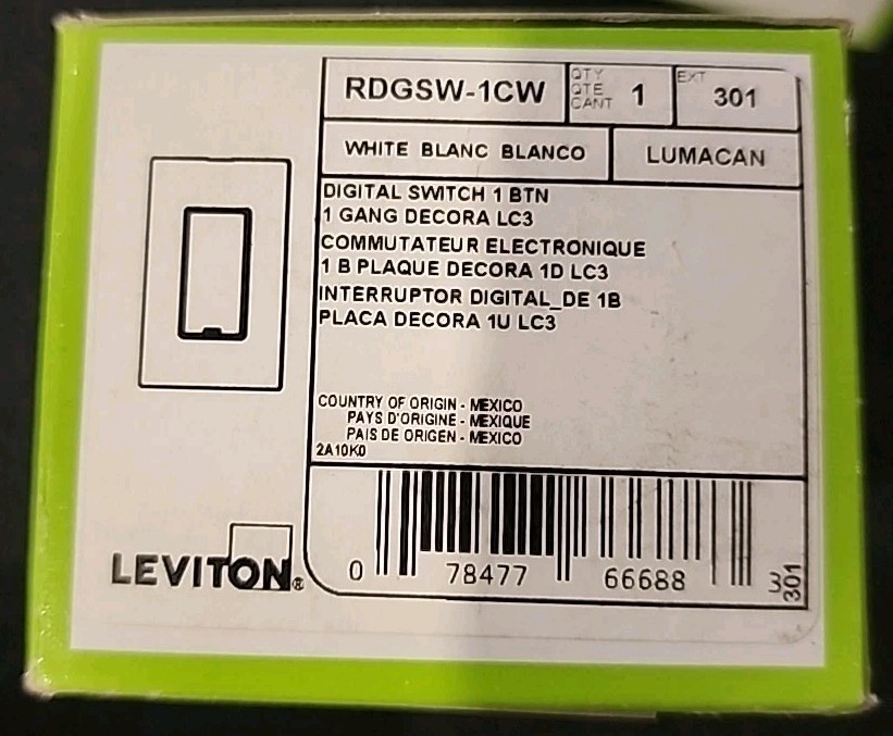 NEW LEVITON RDGSW-1CW DIGITAL SWITCH 1 BUTTON GREENMAX