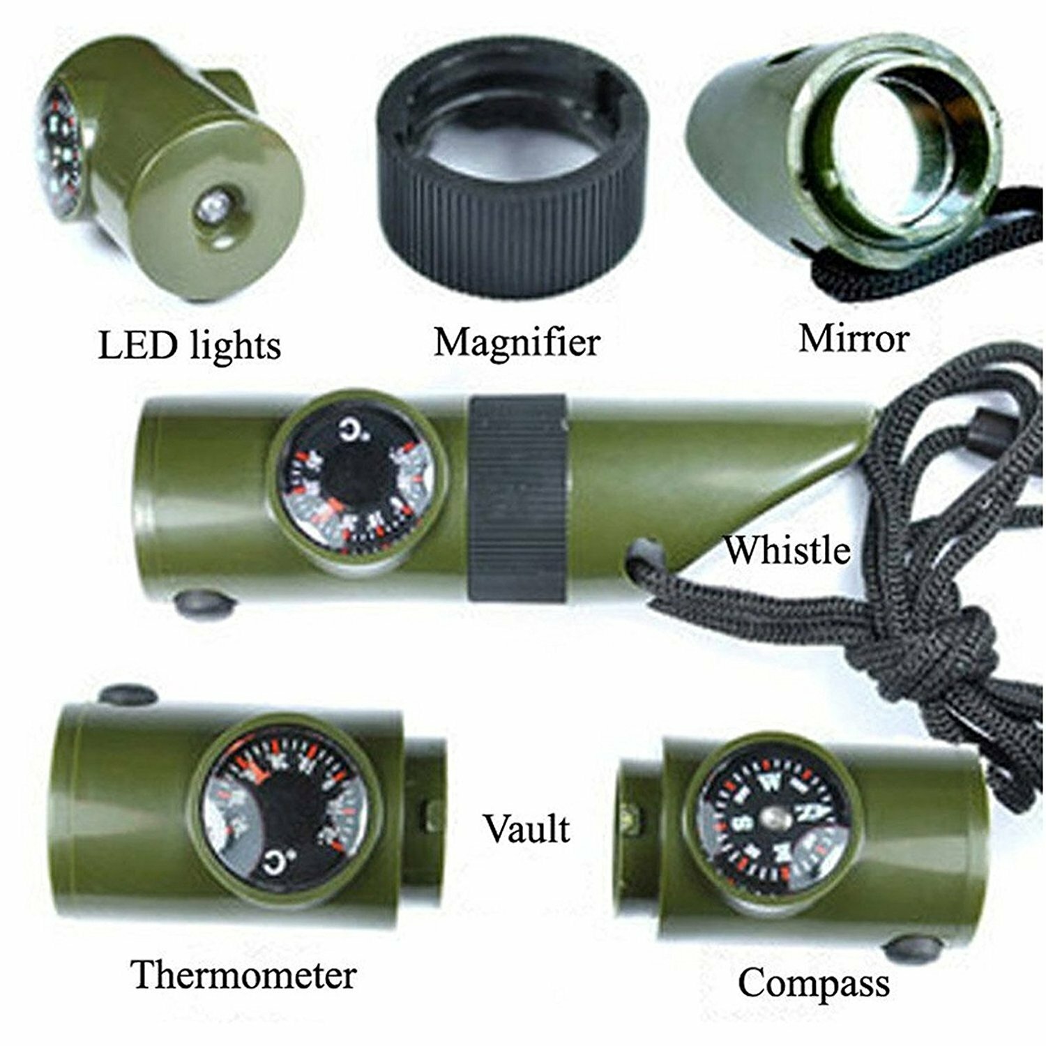7-in-1 Military Emergency Survival Whistle Kit - Compass, LED Light, Thermometer