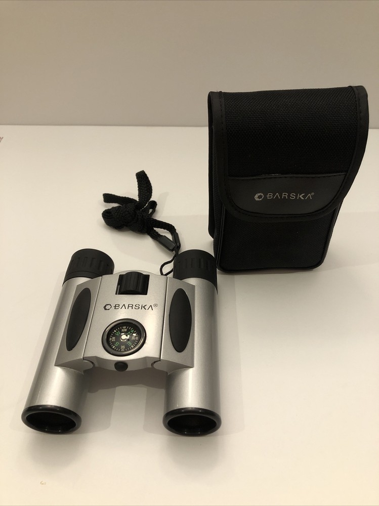 Barska 10x25 Compact Binoculars with Compass & Case Good Used Condition