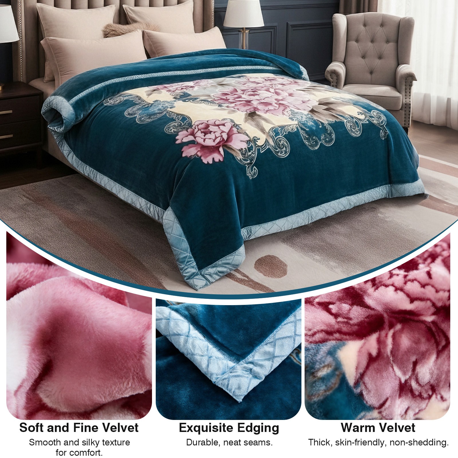 Reversible Korean Mink Blanket Printed Flannel Throw Blanket Full Queen Heavy