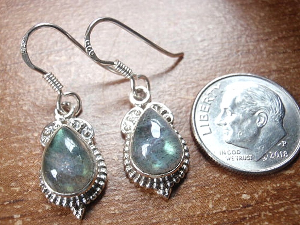 Labradorite Dotted Silver Style 925 Sterling Dangle Earrings