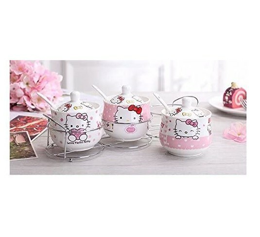 Cute Hello Kitty Ceramic Kitchen Set Cooking Tools Spice Jar Salt Container 3PCS