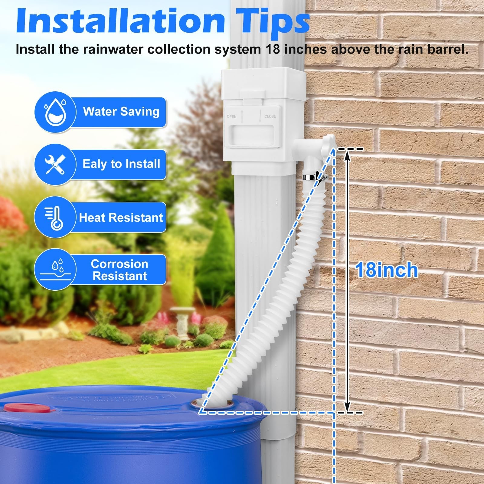 Downspout Diverter for 2x3 or 3x4 Residential Downspouts, 5FT Hose