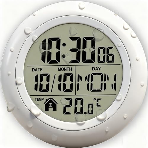 Shower Wall Clock, Digital Timer Shower Clock Waterproof, Bathroom Clock White