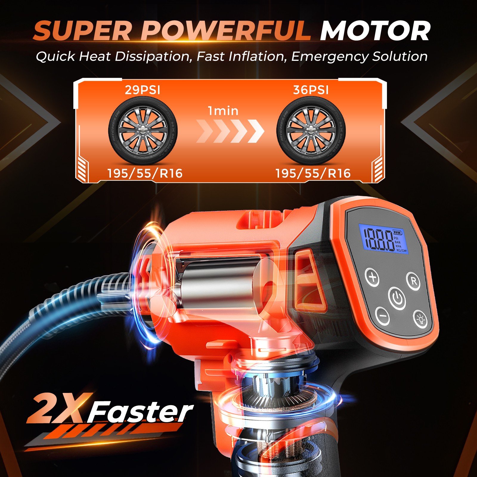 160PSI Cordless Tire Inflator Air Compressor Rechargeable Battery Car Air Pump