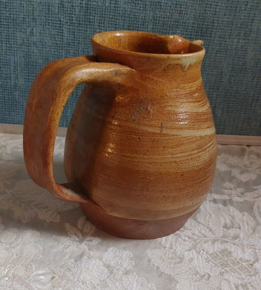 Pitcher Signed Studio Art Pottery Brown Drip Glaze Handcrafted 6"