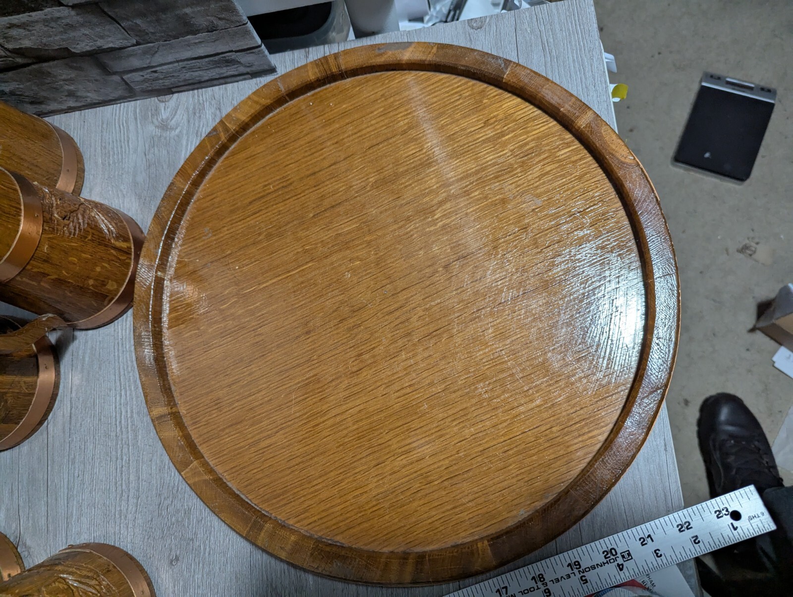 Vtg Set Of 5 Wood & Copper Beer Mug Stein Tankard Cups w/Tray Viking Bar Decor