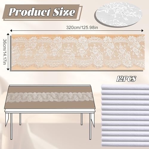 12 Pack 14 x 120 Inch Lace Table Runner, White Rustic Lace Fabric Table