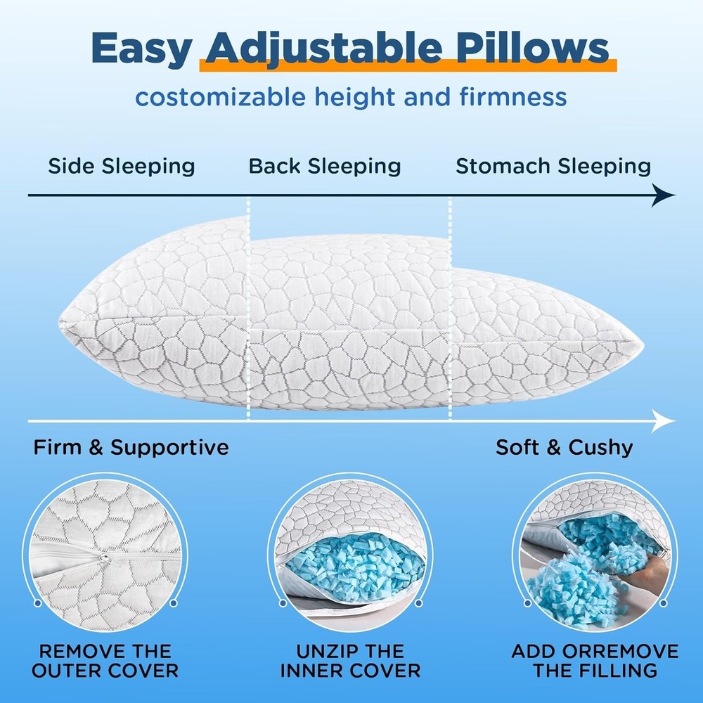 Cooling Bed Pillows for Sleeping 1 Pack Shredded Memory Foam Pillows Adjustab...