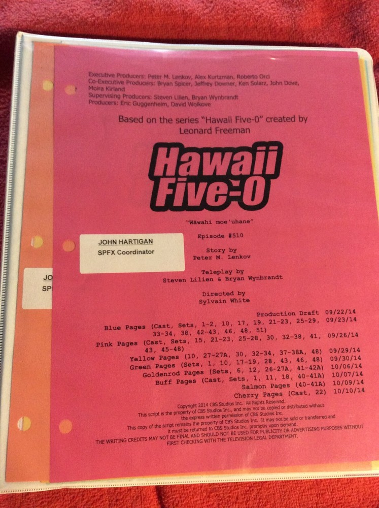 HAWAII FIVE-O ORIGINAL SCRIPT 510 NOTES SCHEDULE + 2014 WAWAHI MOE'UHANE
