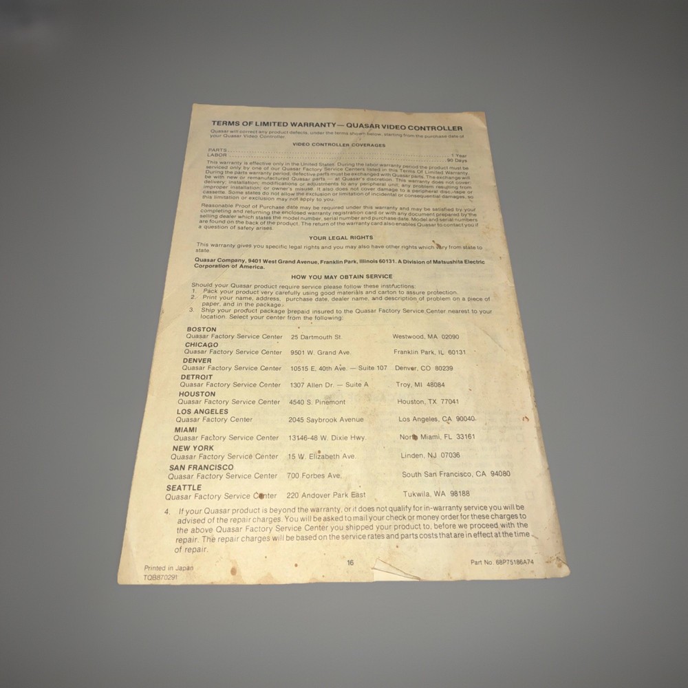 VTG Quasar Solid State Amplifier Video Controller Center VE581UN Manual