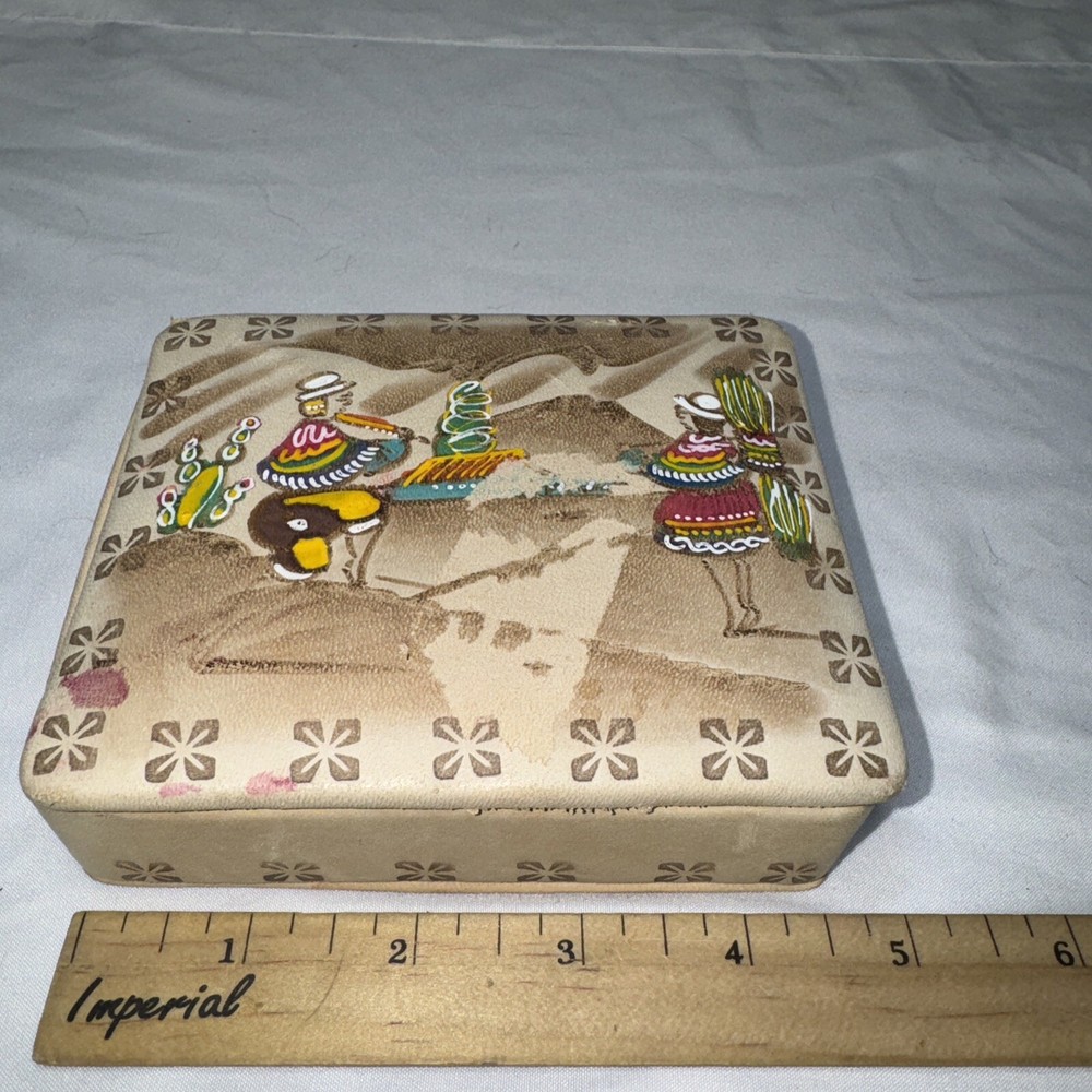 Vintage Peruvian 🇵🇪 Leather Trinket Box Hand Painted Stained