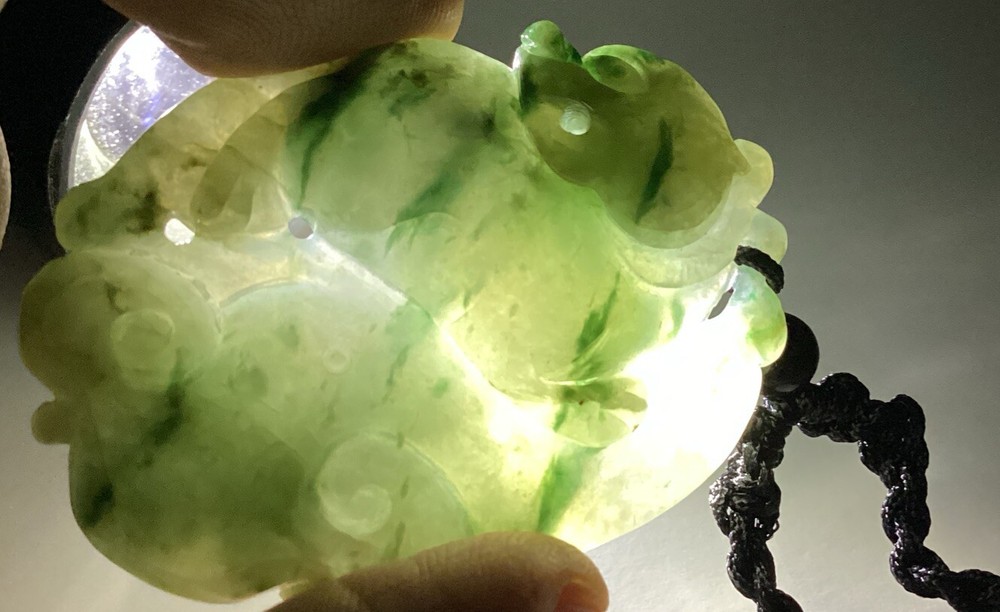 Green 2 Sided Jadeite Bear & Mushroom Translucent Pendant