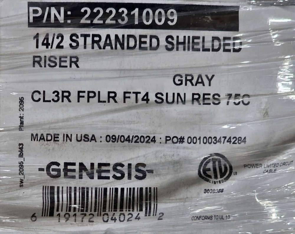 Honeywell Genesis 2223 14/2C Shielded Control/Security Cable Riser Gray /50ft