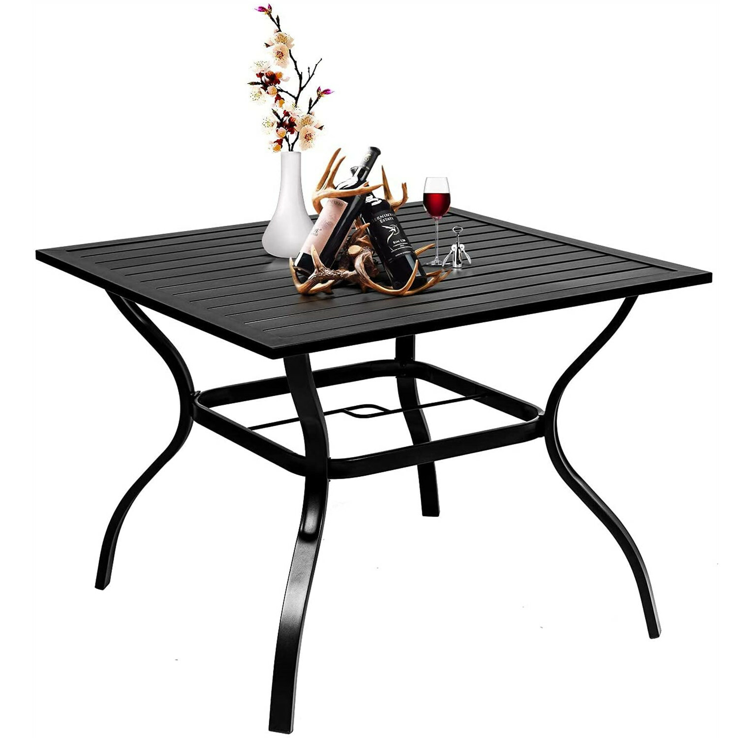 Patio Table with Umbrella Hole Outdoor Dining Table Metal Square for 4 Person