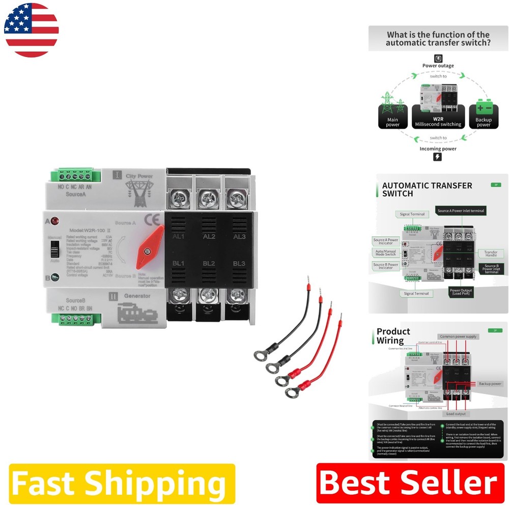 Durable 63A 3 Pole ATS 110V Automatic Manual Transfer Switch Home Generator