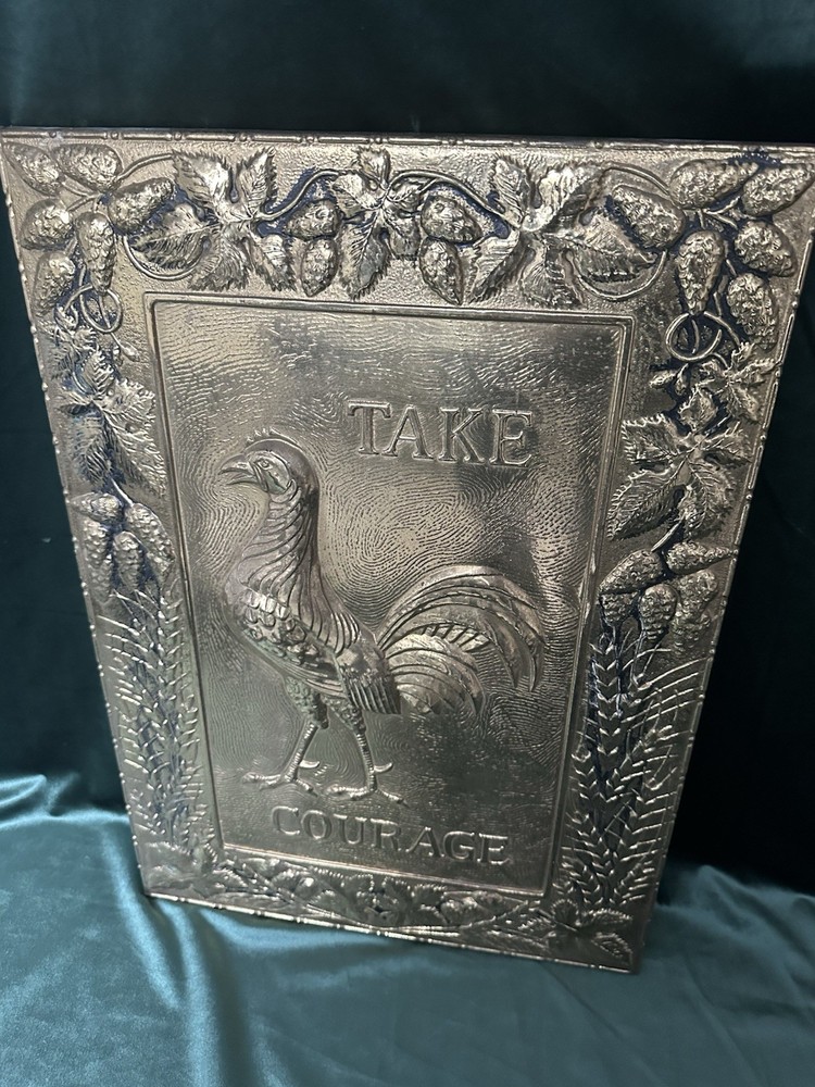 Brass Take Courage Cockerel Vintage Pub Decor Insert Panel Great Condition