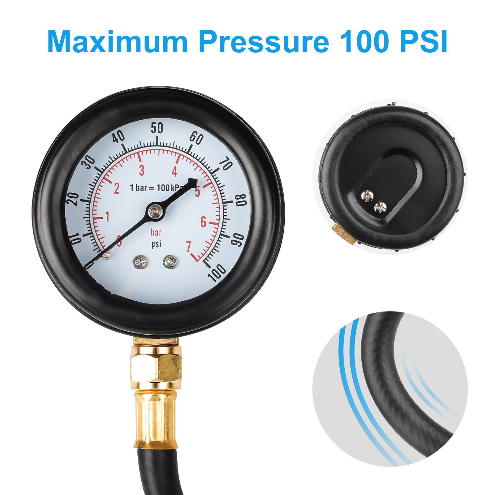 100PSI Fuel Injection Pressure Tester Gauge with 3 Quick Connectors Set for Cars