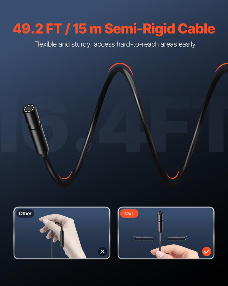 Endoscope Camera with 49.2FT Semi-Rigid Cable, 1920P HD Borescope for Android &