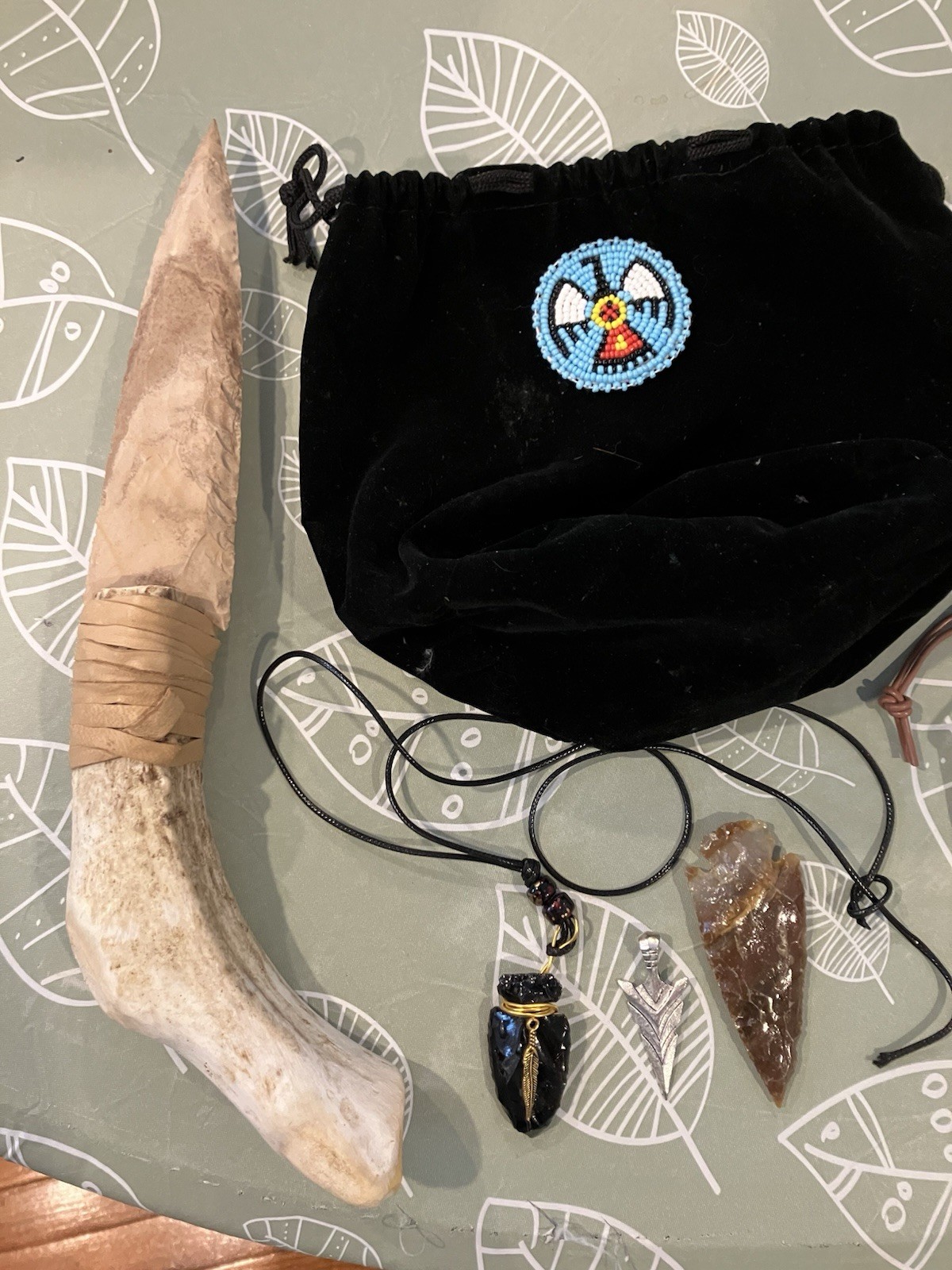 Flint Knapped  Stone Arrowhead Blade W/ Antler Handle Knife 12.”inch & EXTRAS